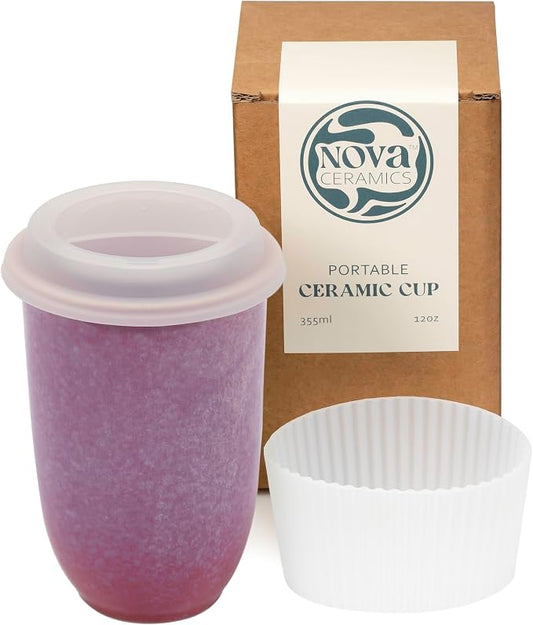 NOVA CERAMICS Coffee Travel Mug – Cup Holder Friendly Travel Mug– Microwave & Dishwasher Safe White & Purple Tumbler - Coffee Mug Fits In Cup Holder – 12oz – Astral Bloom