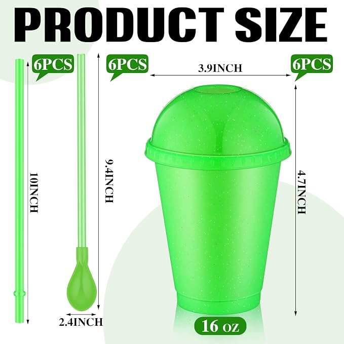 6 Set Slushie Cups with Dome Lids and Straws Detachable Spoon Straws Reusable Plastic Iced Coffee Cups Smoothie Tumbler for Birthdays Summer Party Supplies(Green,16 oz)