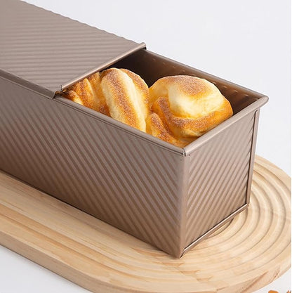 Pullman Loaf Pan with Lid, 2.2 lb Dough Capacity Bakeware for Baking Bread, Carbon Steel Corrugated Bread Toast Mold with Cover