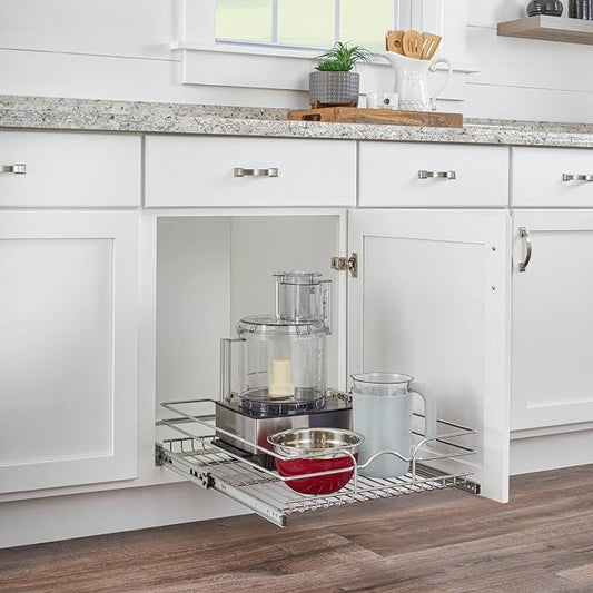 Rev-A-Shelf Steel Wire Pullout Drawer Organizer Shelf for Kitchen Cabinets, Slide Out Storage Basket, Min Opening Width of 17.5", 18" x 22", 5WB1-1822CR-1