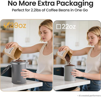 Veken Coffee Canister, 39OZ Large,Airtight Stainless Steel Food Storage Container for 2.2lbs Beans,Ground,Sugar,Espresso,Rice,Tea,Flour,Cereal,Cookie,Lids,Jars,Gifts,Scoop,Kitchen Bar Accessories,Gray