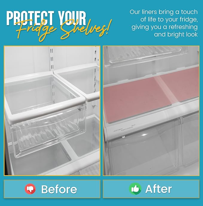 Refrigerator Liners for Shelves (16 Pack) by Linda’s Essentials - Non-Adhesive Shelf or Drawer Liner, BPA-Free Fridge Mats for Kitchen & Cabinets, Easy to Clean, Ideal Household Essentials (Pink)