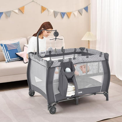 INFANS 3 in 1 Pack and Play, Portable Travel Baby Bassinet with Detachable Mattress, Changing Table, Foldable Playpen with Carry Bag, 2 Wheels (Classic)