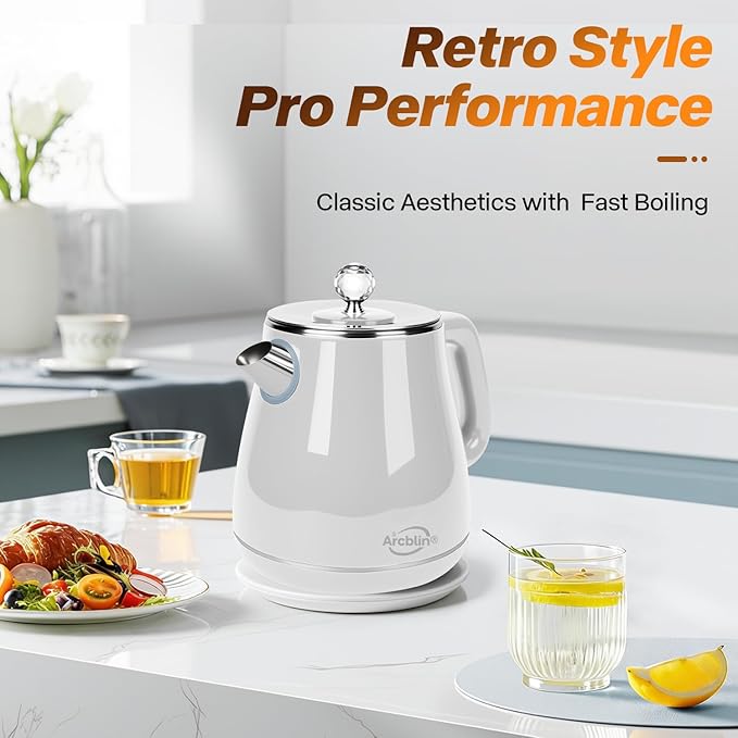 Retro Electric Kettle 1.8L, All Stainless Steel Hot Water Electric Kettle for Boiling Water, 1350W BPA Free Tea Kettle, Electric Tea Kettles Automatic Shut Off, Boil-Dry Protection,Pearl White