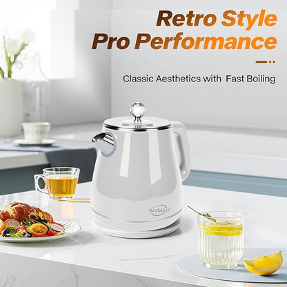 Retro Electric Kettle 1.8L, All Stainless Steel Hot Water Electric Kettle for Boiling Water, 1350W BPA Free Tea Kettle, Electric Tea Kettles Automatic Shut Off, Boil-Dry Protection,Pearl White