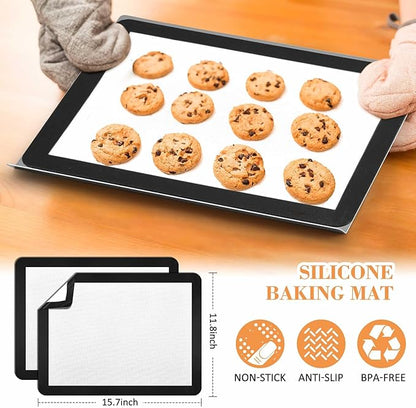 Ziliny 2 Pcs Large Flat Cookie Sheets No Edges and 2 Pcs Silicone Baking Mats Aluminum Cookie Pan with Baking Mats Reusable Rectangular Oven Trays for Cooking Desserts Cupcakes, 16" x 13"