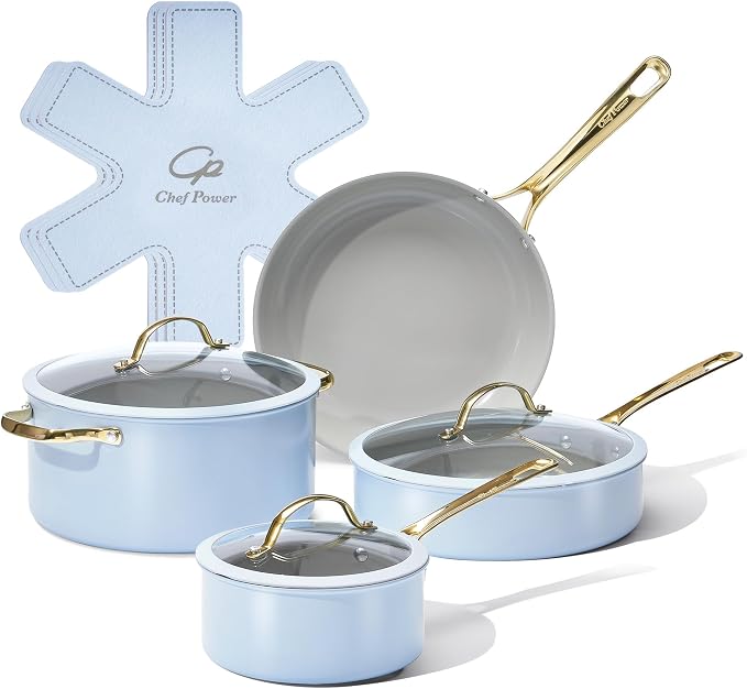 Chef Power Ceramic Cookware Sets, 10Pcs Pots and Pans Set Non Stick, Cookware Set with Stainless Steel Handle, Dishwasher & Oven Safe, Light Blue and Granite Grey