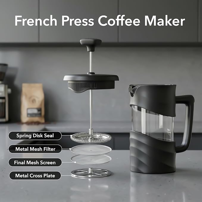 OVENTE French Press Coffee Maker 34 Ounce with Heat Resistant Borosilicate Glass & Stainless Steel 4-Level Filtration System, Portable Cold Brew Coffee Maker for Travel, Camping or Gift, Black FPW34B