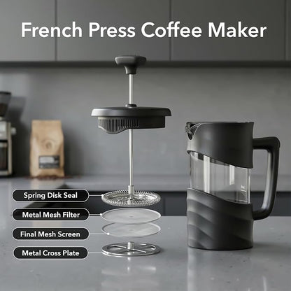 OVENTE French Press Coffee Maker 34 Ounce with Heat Resistant Borosilicate Glass & Stainless Steel 4-Level Filtration System, Portable Cold Brew Coffee Maker for Travel, Camping or Gift, Black FPW34B