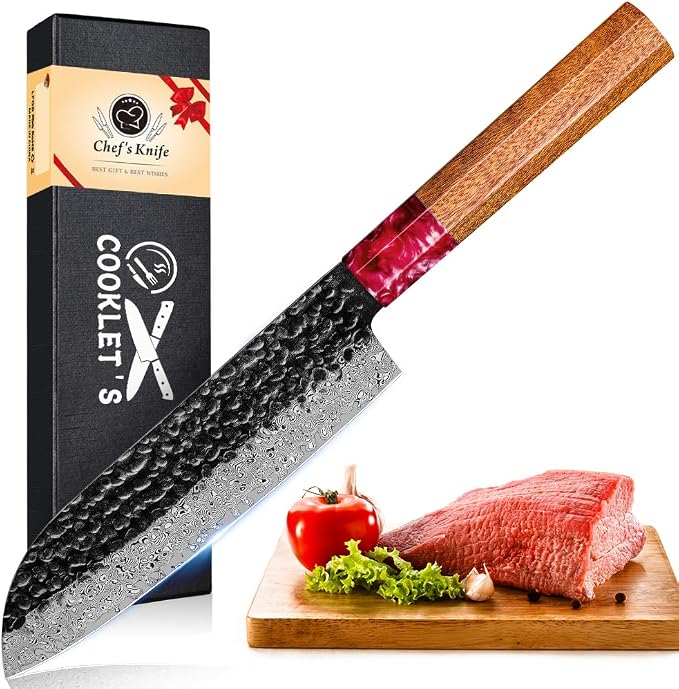 COOKLET'S Damascus Santoku Knife, Japanese VG10 Steel Core Kitchen Knife, Ultra Sharp Professional Chopping Cooking Knife, G10 Ergonomic Handle with Luxury Gift Box