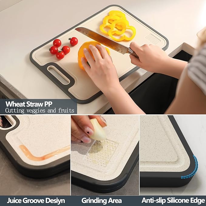 Stainless Steel Cutting Boards for Kitchen,304 Stainless and Wheat Straw PP Double Sided Cutting Board,Non slip Easy to Clean Kitchen Chopping Board,Dishwasher Safe(16 * 11 In)