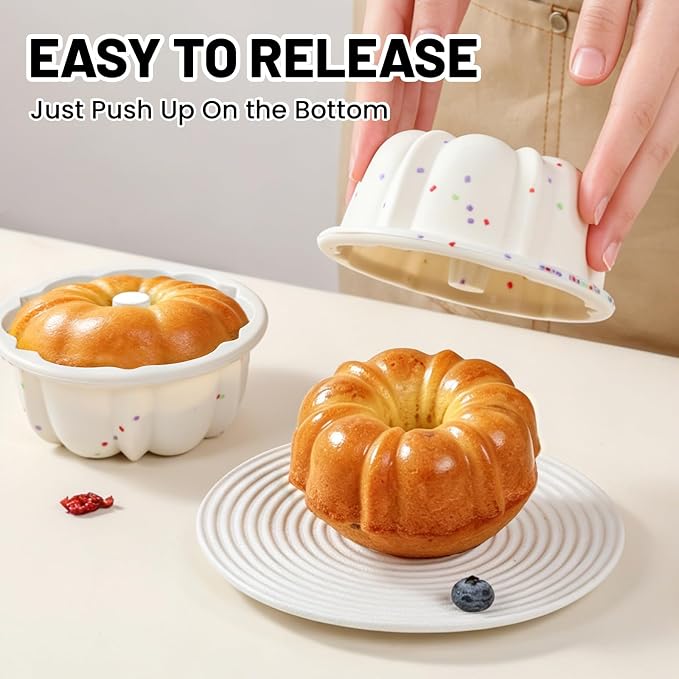 Vinino Silicone Mini Fluted Tube Cake Pan with Metal Reinforced Frame, 12 Pcs Mini Flan Molds for Baking Jello, Muffin, Pudding, Chocoflan, 4 Inch Nonstick Mini Cake Pan for Oven, Dishwasher Safe