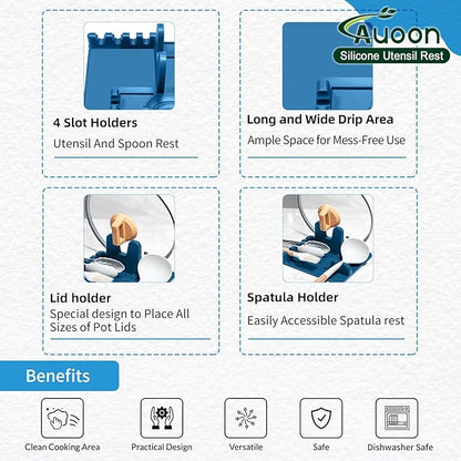 Auoon Silicone Spoon Rest with Lid Holder - 3 in 1 Kitchen Utensil Rest for Soup Ladles, Pot Lids, Spatulas, Spoons, Tongs, BPA Free & Dishwasher Safe, 8.26 x 8.06 Inch (Fog Blue, Large)