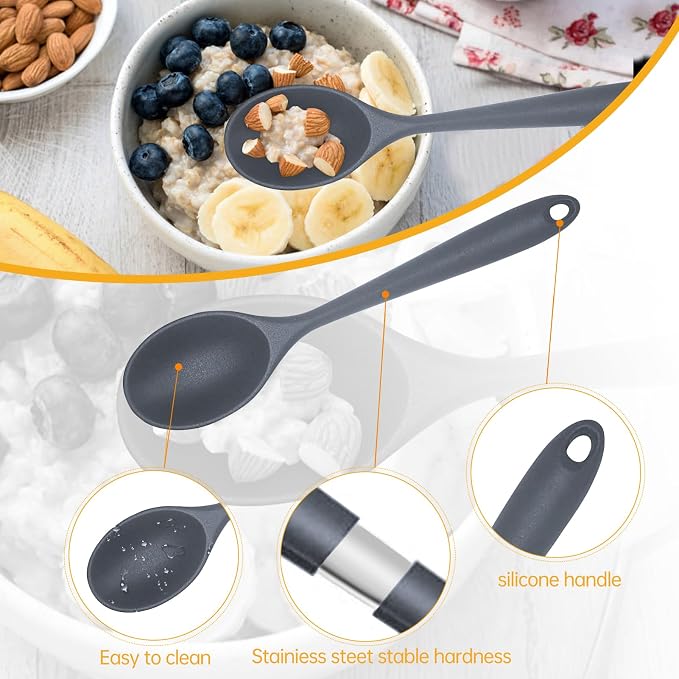 2 Pcs Silicone Nonstick Mixing Spoon,10.6Inch Silicone Spoons for Cooking Heat Resistant, Cooking Utensil for Kitchen Cooking Baking Stirring Serving (Grey)