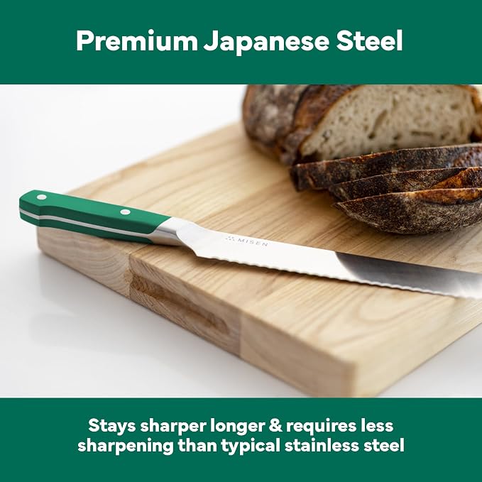 Misen Serrated Bread Knife - High-Carbon Japanese AUS8 Steel - Perfect for Soft Foods, Bread, Pastries, and Fruits - Verstatile Slicer, Razor-Sharp Edge, Durable Blade, Ergonomic Handle - 8", Green