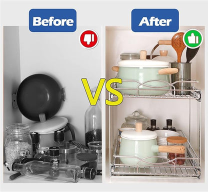 2-Tier Pull Out Cabinet Organizer(14"W X 21"D), Individual Slide Out Basket Kitchen Cabinet Organizer, Cabinet Pull Out Shelves Kitchen Cabinet Organization for Kitchen Pantry, Bathroom, Chrome
