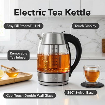 OVENTE Electric Tea Kettle with Temperature Control, Removable Tea Infuser, Easy to Fill Lid, Keep Warm Function, Auto Shut-Off, 1.7L Double Wall Borosilicate Glass, Stainless Steel Base, Silver KD68S