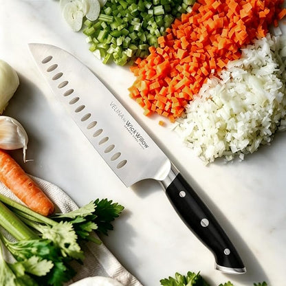 WICKWILLOW 7-Inch Santoku Knife - German X50CrMoV15 Steel, Hollow Edge Kitchen Knife for Meal Prep, Vegetables, Herbs & Boneless Proteins - Razor-Sharp, Full Tang, Ergonomic Handle, Gift Box