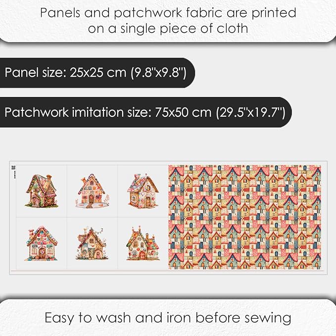 Patchwork Fairy Cottage Cotton Fabric Panel – 6 Designs (10×10 inch Each) + Bonus Sheet 29.5×19.6 inch, 100% Cotton 140 GSM, Made in Türkiye