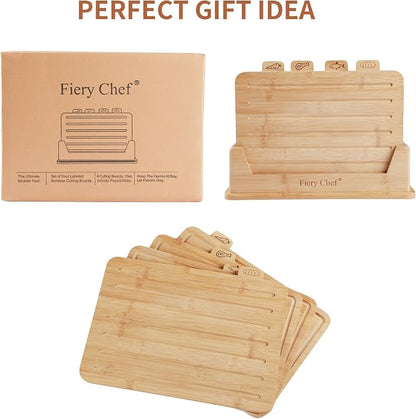 Fiery Chef 14.56"L x 11"W Bamboo Cutting Board Set of 4 - Wood Cutting Board Set with Holder, Chopping Boards Set with Food Icons, Juice Groove - Ideal for Meat, Fish, Bread, Vegetable, Fruit Chopping