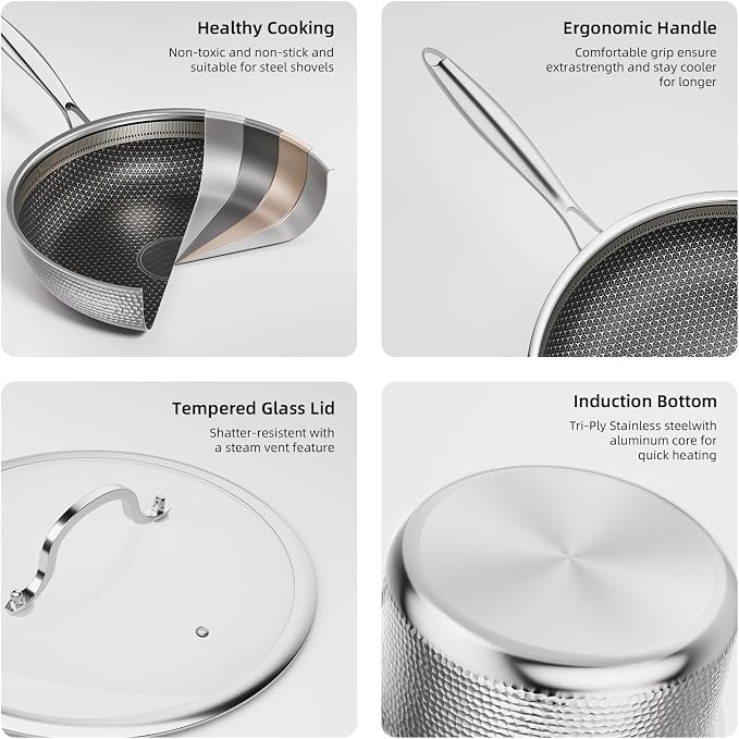 Stainless Steel Nonstick Pots and Pans Set (7 Pcs), PFOA Free, Induction Compatible, Fast & Even Heat, Dishwasher & Oven Safe (500F), 8/10/12" Fry Pans, Saucepan, Stock Pot for Home Cooking