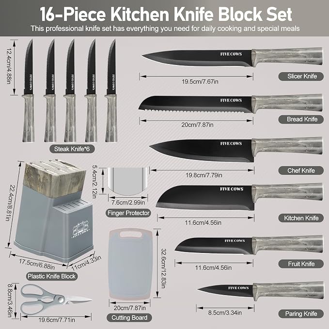 16-Piece Kitchen Knife Block Set with Cutting Board - German Stainless Steel Knives, Built-In Sharpener, Dishwasher Safe, Anti-Slip Handle - All-in-One Cutlery Set for Home/Kitchen (Blue)