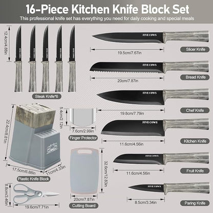 16-Piece Kitchen Knife Block Set with Cutting Board - German Stainless Steel Knives, Built-In Sharpener, Dishwasher Safe, Anti-Slip Handle - All-in-One Cutlery Set for Home/Kitchen (Blue)