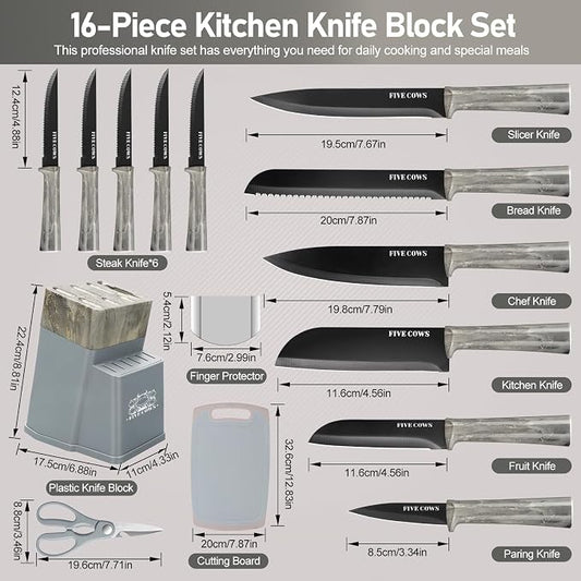 16-Piece Kitchen Knife Block Set with Cutting Board - German Stainless Steel Knives, Built-In Sharpener, Dishwasher Safe, Anti-Slip Handle - All-in-One Cutlery Set for Home/Kitchen (Blue)