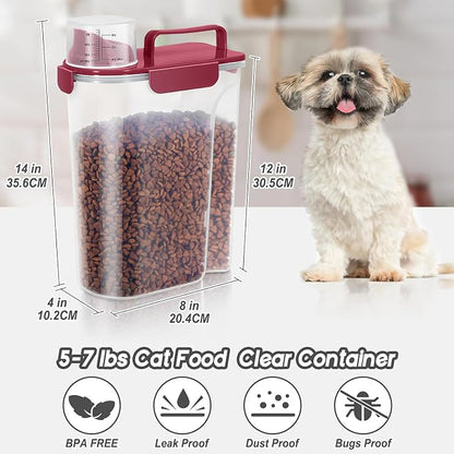 LEAWALK 5-7Lbs Dog Cat Food Storage Container with Upgraded Large Nozzle BPA-free, 4 Snap Seals Plastic Pet Food Storage Containers with Handles (Elegant Red, 5L-1pack)