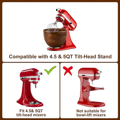 Wood Mixing Bowl Suitable for 4.5-5 QT Tilt-Head Stand Mixers - Natural Wooden Kitchen Accessory - Fits K45 KSM150 Series Natural Wood Mixing Bowl with Steel Locking Base