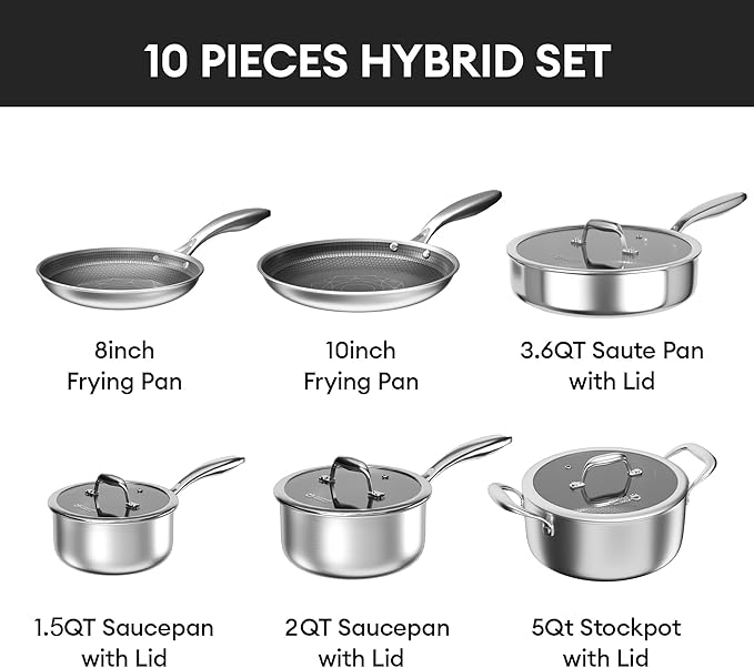 COOKER KING Non Stick Pots and Pans Set, 10pcs Hybrid Stainless Steel Cookware Set, Frying Pans, Saucepans, Saute Pan & Stock Pot, Non Toxic, Oven & Dishwasher Safe, Induction & All Cooktop Compatible