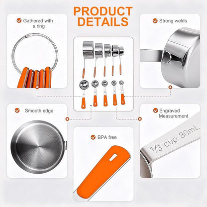 Bopei Measuring Cups and Spoons Set Stainless Steel 10 Piece for Cooking and Baking (5 Cups + 5 Spoons, Orange Handle)