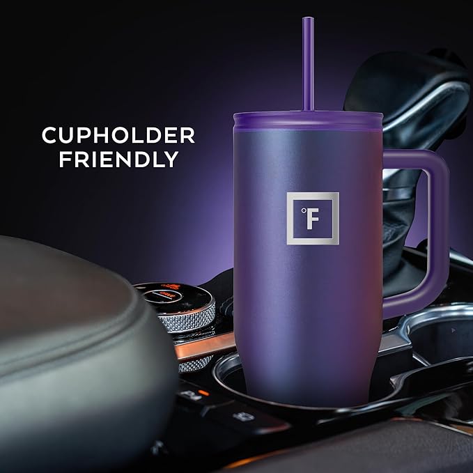 IRON °FLASK Co-Pilot Insulated Mug w/Straw & Flip Cap Lids - Cup Holder Bottle for Hot, Cold Drink - Leak-Proof - Water, Coffee Portable Travel Mug - Sand, 40 Oz