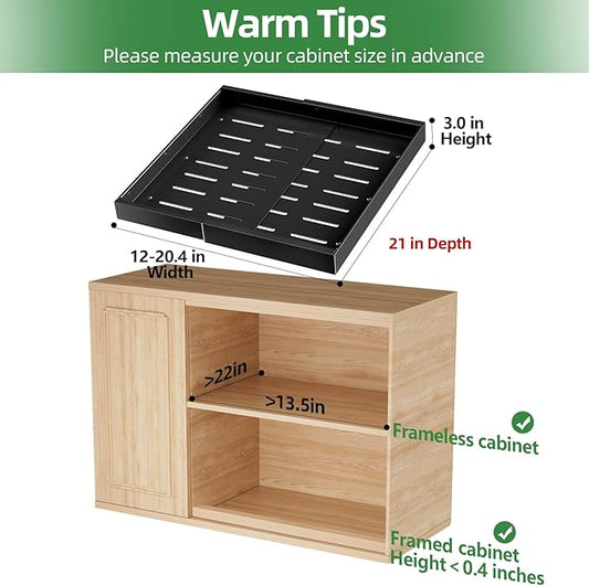 PAKETA 2 Pack Expandable Pull Out Cabinet Organizer, 21'' Deep Pull Out Drawers for Cabinet, Upgrade 3 Slide Rails Sliding Drawer for Cabinets with Adhesive Nano Film (Black, 21"D X 12-20"W)