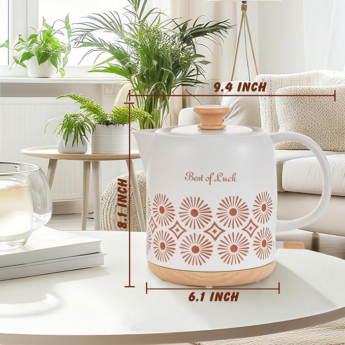 Ceramic Electric Kettle 1 Quarts, Automatic Shut Off, Porcelain Teapot, Hot Water Electric Boiler with LED Light, Boil Dry Protection, Short Spout 1000W Rapid Boiling Water for Tea Coffee