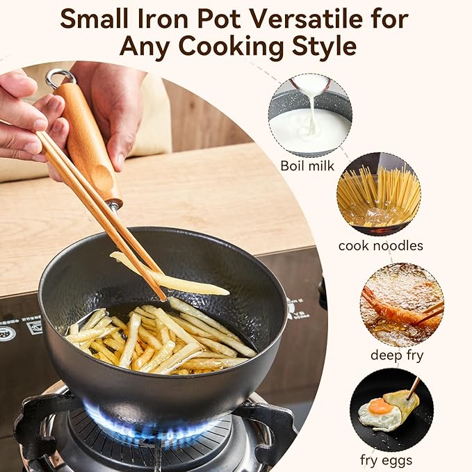 WANGYUANJI 1.5QT Iron Saucepan with Lid, Hammered Milk Pot for Boiling Ramen, Removable Wood Handle for Camping & Storage, Non-Coated Small Cookware for Single Serving, Induction Compatible