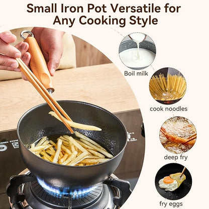 WANGYUANJI 1.5QT Iron Saucepan with Lid, Hammered Milk Pot for Boiling Ramen, Removable Wood Handle for Camping & Storage, Non-Coated Small Cookware for Single Serving, Induction Compatible