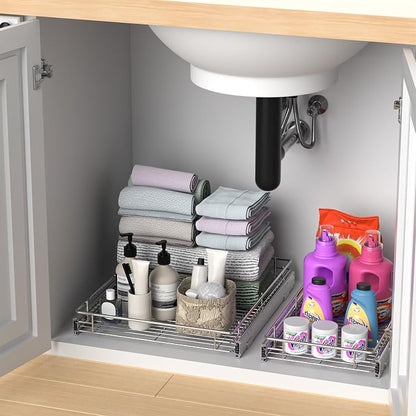 ZOINLIY Pull Out Cabinet Organizer, Versatile Slide Out Kitchen Organizers and Storage,Heavy Duty Drawer Cupboard Storage Basket, Smooth Sliding, Chrome Finish,20.8" W x 21" D