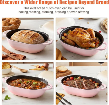 Enameled Cast Iron Oval Dutch Oven Pot with Lid, 5 QT Dutch Oven for Sourdough Bread Baking, Bread Loaf Pan with Lid & Bread Oven (Pink)