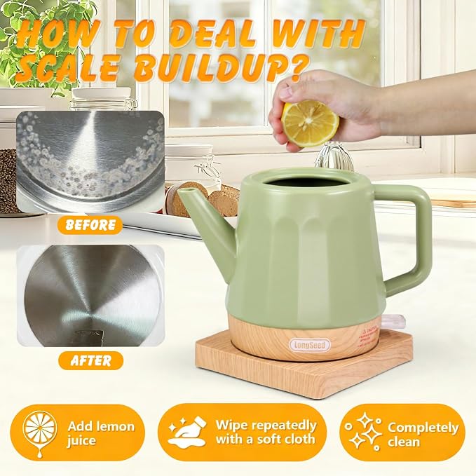 Ceramic Electric Kettle 1.2L, Automatic Shut Off Tea Kettle & Hot Water Boiler Pot For Coffee & Tea, Prevent Boil Dry, 1000W, Seed-green