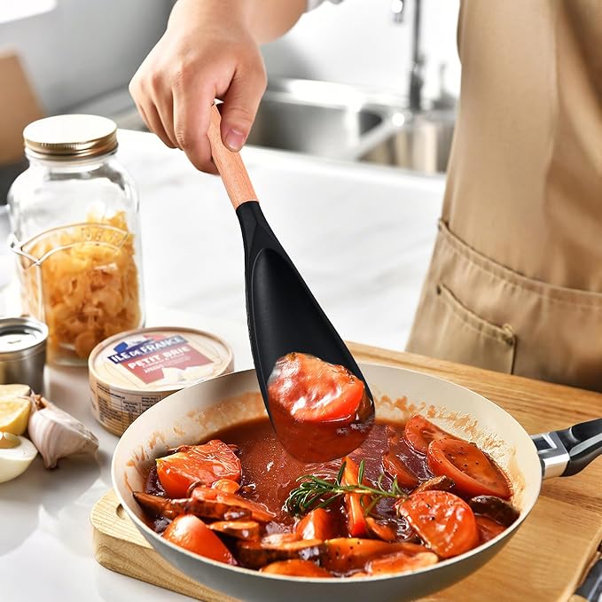 Cooking Spoon for Nonstick Cookware - BPA-Free Matte Silicone & Wooden Handle, Heat-Resistant for Mixing, Scooping, Scraping and Serving, Safe for Pots Pans Skillets (2-Pack)
