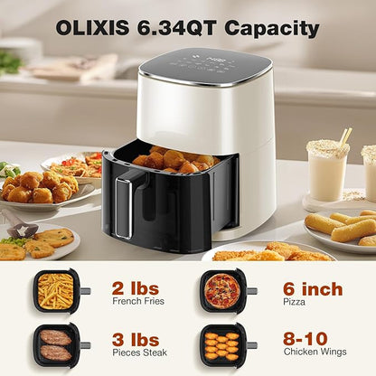 OLIXIS 12-in-1 Air Fryer 6.34 Quarts, Visable Airfryer with Window, 400°F, Roast, Reheat, Dehydrate, Bake, Steam, Fries, Custard, Chicken, Wings, Sea Food, Vegetabels, Pearl White