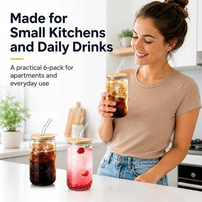 Glass Cups with Lids and Straws Set of 6, 16 oz Can Glasses with Bamboo Lids and Glass Straws, Iced Coffee Cups for Small Kitchens, Soda, Smoothies and Daily Drinks
