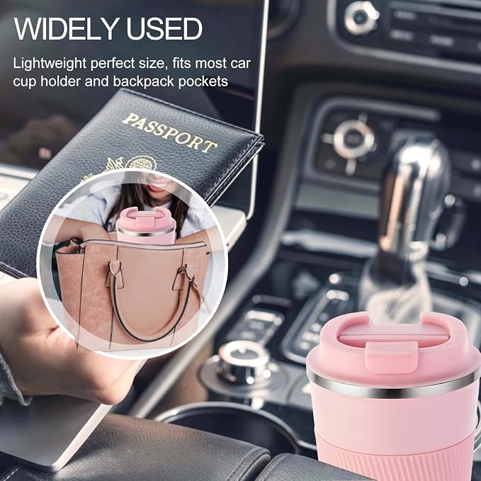 GEMFUL Travel Coffee Mug 13 oz Insulated Coffee Tumbler To Go with Lid Leak Proof Vacuum Stainless Steel Reusable for Hot Cold Drinks (Pink)