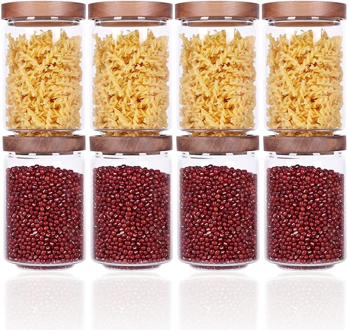 SAIOOL Stackable Kitchen Canisters Set of 8,High Borosilicate Glass Cylinder Airtight Food Storage, sort out the tea, flour, candies, grain easily and clearly