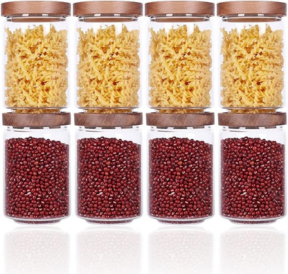 SAIOOL Stackable Kitchen Canisters Set of 8,High Borosilicate Glass Cylinder Airtight Food Storage, sort out the tea, flour, candies, grain easily and clearly