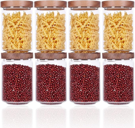 SAIOOL Stackable Kitchen Canisters Set of 8,High Borosilicate Glass Cylinder Airtight Food Storage, sort out the tea, flour, candies, grain easily and clearly