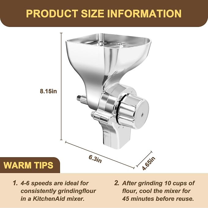 Premium All-Metal Grain Mill Attachment for KitchenAid Stand Mixers, 12-Level Adjustable Flour Mill Grinder for Wheat, Oats, Corn, Rice, Non-Oily Dry Grains - Includes Cleaning Brush