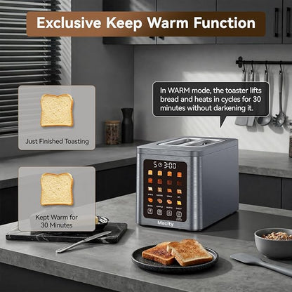 Mecity 2 Slice Smart Touchscreen Toaster, Stainless Steel Wide Slot Toasters with Auto Lift & 30-Minute Warm, Memory Function, Defrost & Auto Shutoff, Digital Electric Bread Toaster for Bagels