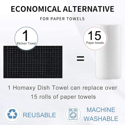 Homaxy 100% Cotton Terry Kitchen Towels(Black, 20 x 28 inches), Checkered Designed, Soft and Super Absorbent Dish Towels, Large 8 Pack